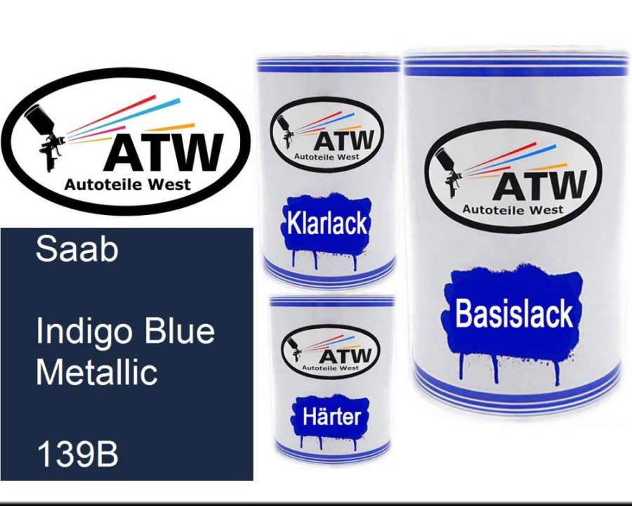 Saab, Indigo Blue Metallic, 139B: 500ml Lackdose + 500ml Klarlack + 250ml Härter - Set, von ATW Autoteile West.